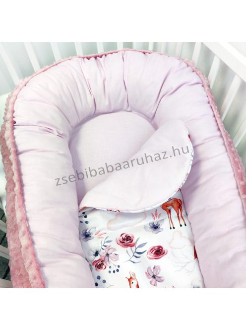 Deluxe Baby Premium óriás mintás babaágynemű garnitúra babafészekkel, játéktartóval, AJÁNDÉK őzikével - Mályvarózsa - Őzikék