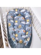 Harmony Baby XL babafészek AJÁNDÉK macipárnával - Acélkék bársony - repcsis mackók