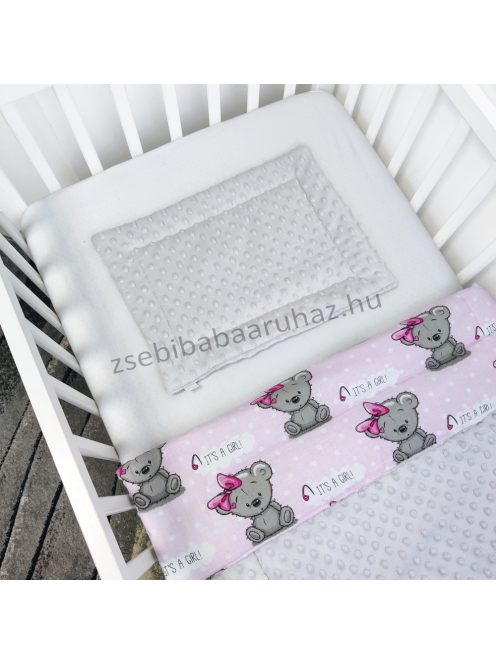 Harmony Baby 2 részes babaágynemű garnitúra - takaró + párna - Szürke - rózsaszín masnis maci