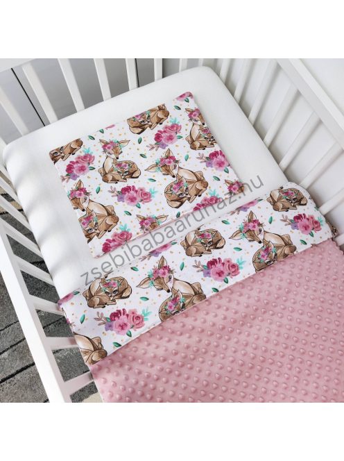 Deluxe Baby 2 részes babaágynemű garnitúra - takaró + párna - Mályvarózsa - őzikék virágokkal