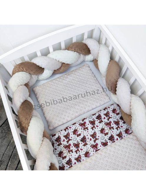 Deluxe Baby babaágynemű garnitúra babafészekkel, fonott rácsvédővel - 5 részes - Minky mogyoró - barna őzikék