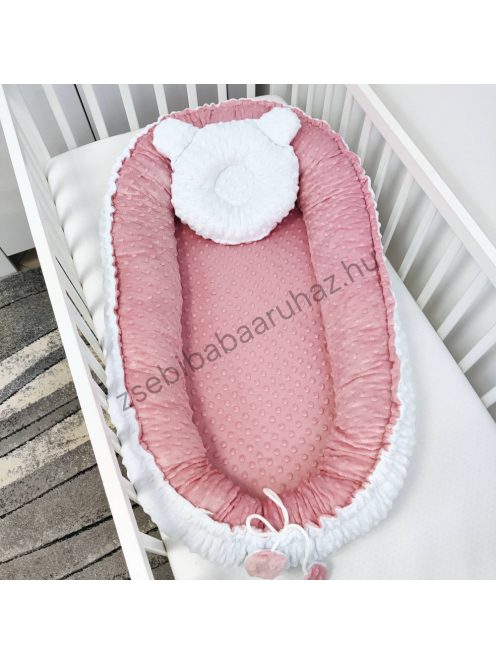 Deluxe Baby Minky babaágynemű garnitúra babafészekkel - 5 részes - mályvarózsa - fehér - világos rózsaszín