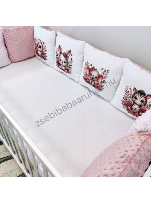 Deluxe Baby 10 részes babaágynemű garnitúra - mályvarózsa - bagoly-nyuszi-elefánt-zebra virágok között