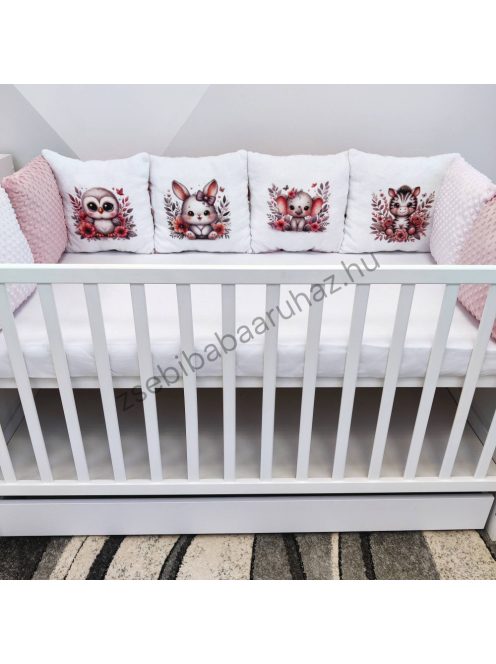 Deluxe Baby 10 részes babaágynemű garnitúra - mályvarózsa - bagoly-nyuszi-elefánt-zebra virágok között