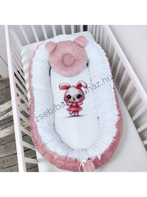 Deluxe Baby többfunkciós babafészek macipárnával, fekvőbetéttel - Minky mályvarózsa-fehér - balerina nyuszi