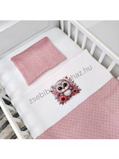   Deluxe Baby 2 részes babaágynemű garnitúra - takaró + párna - mályvarózsa-fehér - bagoly virágokkal