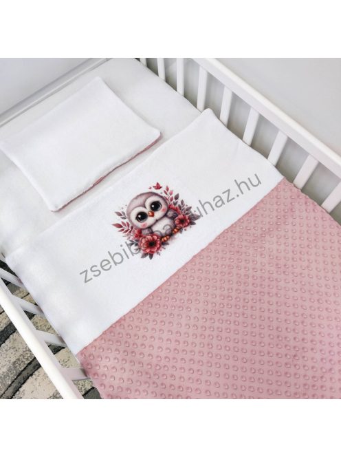 Deluxe Baby 2 részes babaágynemű garnitúra - takaró + párna - mályvarózsa-fehér - bagoly virágokkal