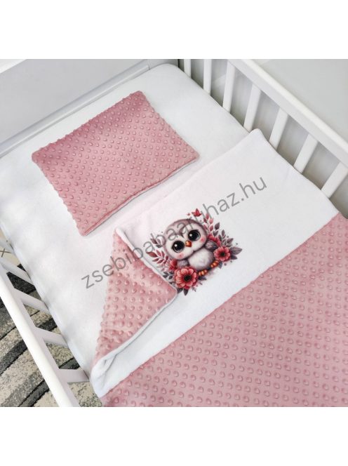 Deluxe Baby 2 részes babaágynemű garnitúra - takaró + párna - mályvarózsa-fehér - bagoly virágokkal