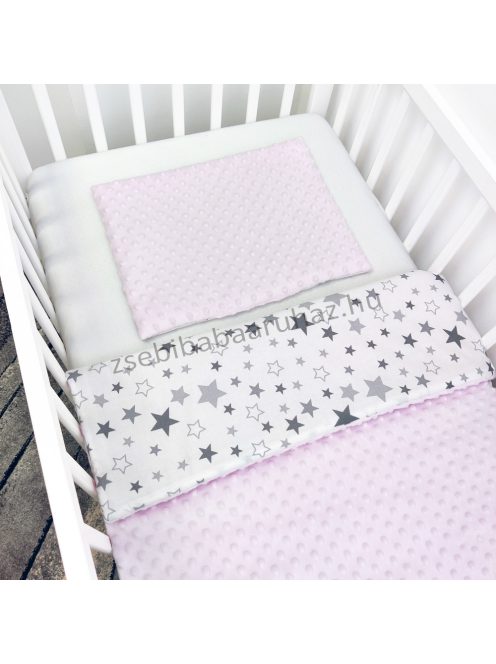  3 részes babaágynemű garnitúra - takaró + párna + fonott rácsvédő - "Magic Stars" Pastel Rose