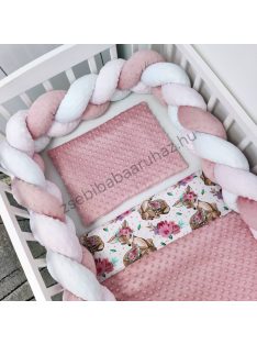   Deluxe Baby 3 részes babaágynemű garnitúra - takaró + párna + fonott rácsvédő - mályvarózsa - őzikék virágokkal
