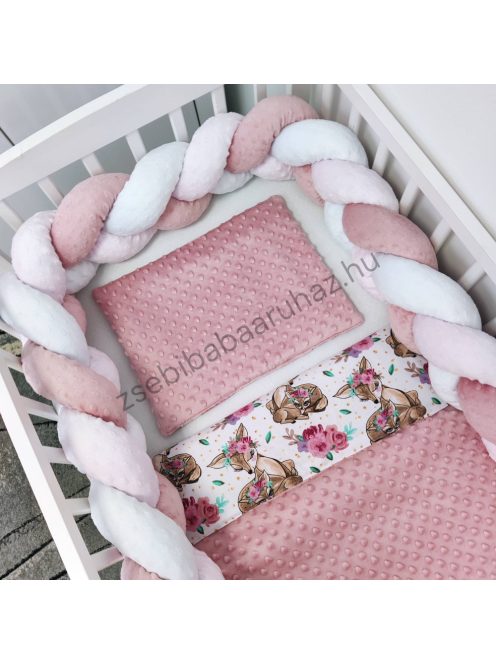 Deluxe Baby 3 részes babaágynemű garnitúra - takaró + párna + fonott rácsvédő - mályvarózsa - őzikék virágokkal