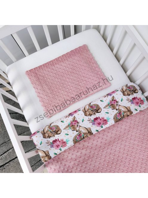 Deluxe Baby 3 részes babaágynemű garnitúra - takaró + párna + fonott rácsvédő - mályvarózsa - őzikék virágokkal