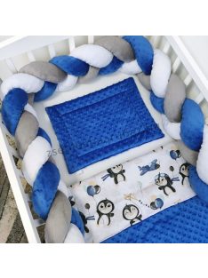   Harmony Baby 3 részes babaágynemű garnitúra - takaró + párna + fonott rácsvédő - Sötétkék - Pingvinek