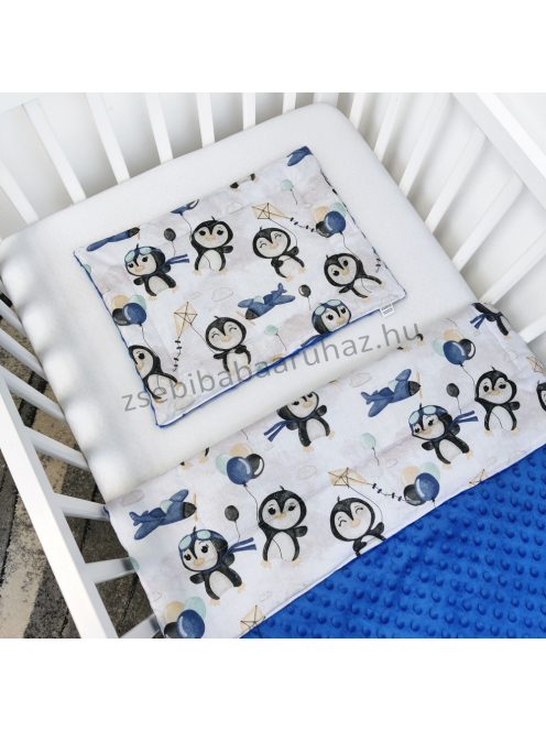Harmony Baby 3 részes babaágynemű garnitúra - takaró + párna + fonott rácsvédő - Sötétkék - Pingvinek