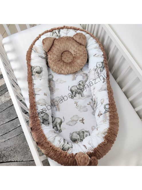 Deluxe Baby babaágynemű garnitúra babafészekkel - 5 részes - Csoki - elefántok szivárványon I.