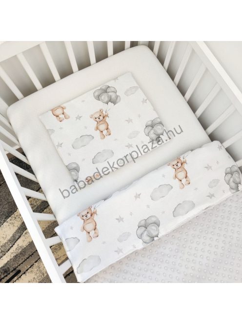 Deluxe Baby babaágynemű garnitúra felhőpárnás rácsvédővel - fehér - szürke - cappuccino - lufis macik