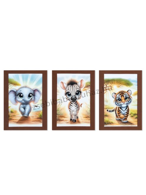3 db-os babaszoba falikép dekoráció - elefánt-zebra-tigris a tisztáson, barna