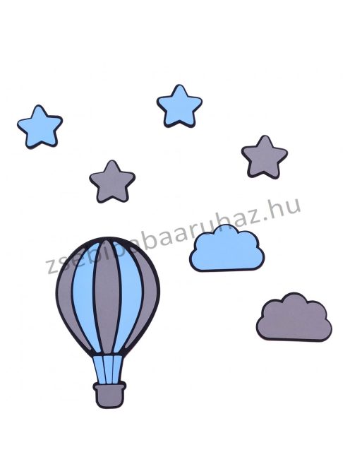Habszivacs falidekoráció - Csillagok hőlégballonnal szett 7 db-os - fekete-szürke-világoskék