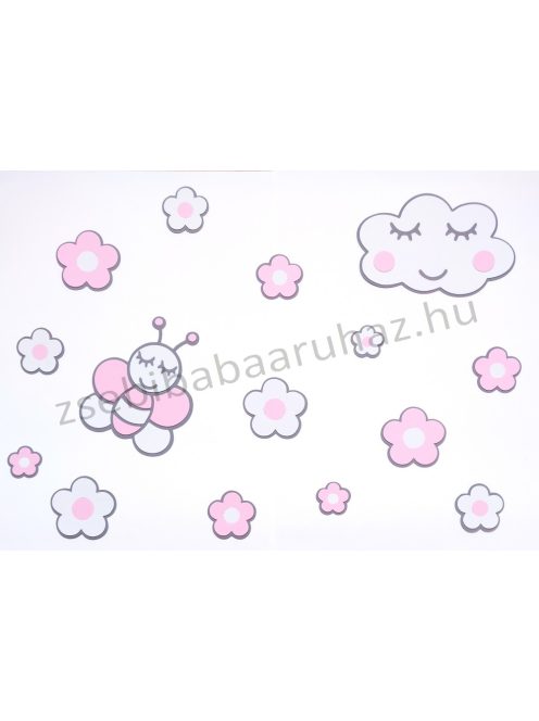 Habszivacs falidekoráció - Alvó felhőcske pillangóval szett 15 db-os - szürke-rózsaszín-fehér