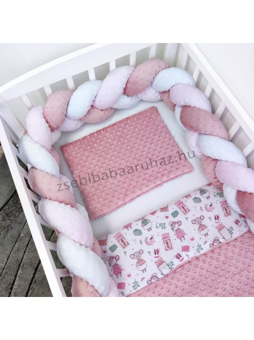  Deluxe Baby babaágynemű garnitúra babafészekkel, rácsvédővel - 6 részes - Minky mályvarózsa - egérkék
