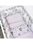3 részes babaágynemű garnitúra - takaró + párna + fonott rácsvédő - Nyuszikák és macikák - Pastel Rose 