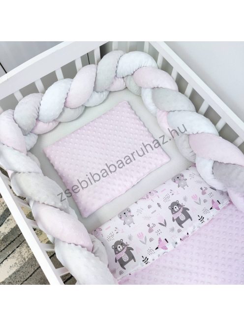 3 részes babaágynemű garnitúra - takaró + párna + fonott rácsvédő - világos rózsaszín - nyuszikák és macikák