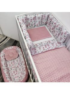   Deluxe Baby babaágynemű garnitúra babafészekkel, Softy párnás rácsvédővel - 5 részes - Minky mályvarózsa - egérkék