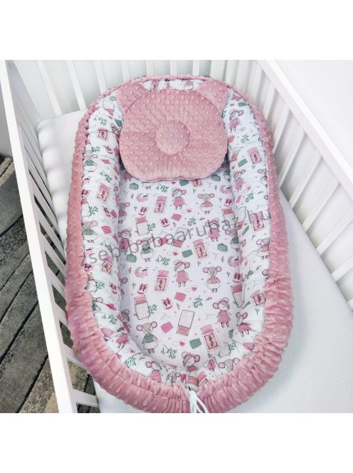 Deluxe Baby babaágynemű garnitúra babafészekkel, Softy párnás rácsvédővel - 5 részes - Minky mályvarózsa - egérkék