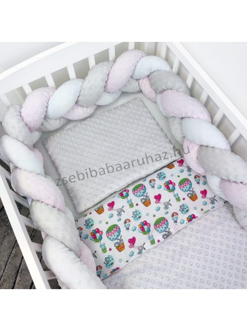 Deluxe Baby 3 részes babaágynemű garnitúra - takaró + párna + fonott rácsvédő - Minky szürke - cicák és kutyusok hőlégballonban II.