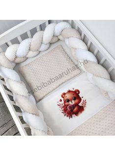   Deluxe Baby 3 részes babaágynemű garnitúra - takaró + párna + fonott rácsvédő - mogyoró - maci rózsákkal