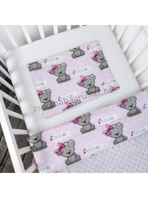 Harmony Baby 3 részes babaágynemű garnitúra - takaró + párna + fonott rácsvédő - Szürke - rózsaszín masnis maci