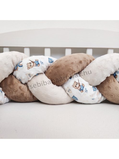 3 részes Minky babaágynemű garnitúra - takaró + párna + fonott rácsvédő - csoki - macikák szivárványon