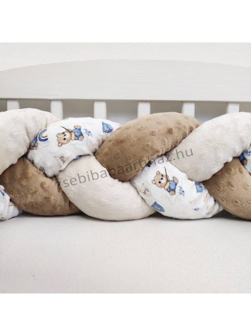 3 részes Minky babaágynemű garnitúra - takaró + párna + fonott rácsvédő - cappuccino - macikák szivárványon