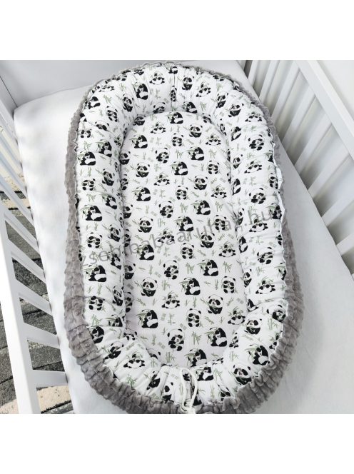 Deluxe Baby babaágynemű garnitúra babafészekkel - 5 részes - Grafitszürke - pandák I.