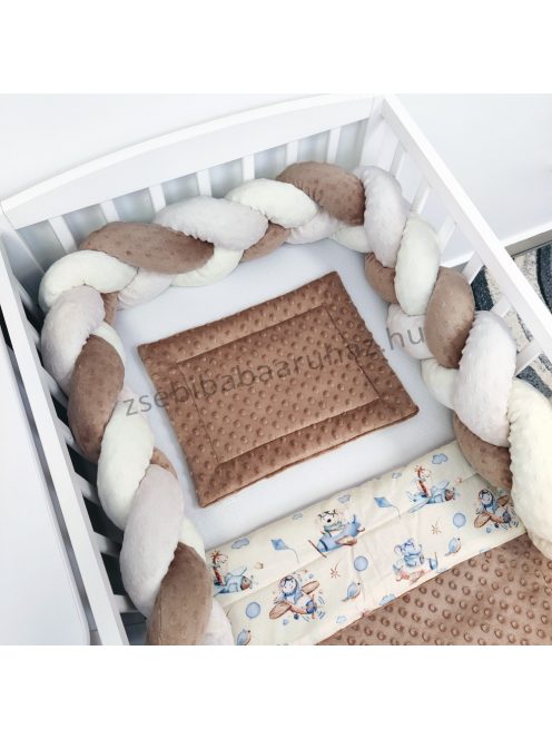 Harmony Baby 3 részes babaágynemű garnitúra - takaró + párna + fonott rácsvédő - Csoki - vanília repcsis állatok