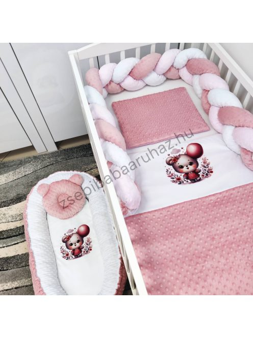 Deluxe Baby babaágynemű garnitúra babafészekkel - 5 részes - Mályvarózsa - macilány léggömbbel I.