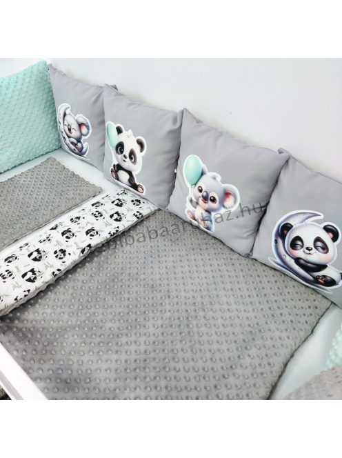 Deluxe Baby 14 részes babaágynemű garnitúra AJÁNDÉK 3 db faliképpel - grafitszürke - panda és koala menta lufikkal