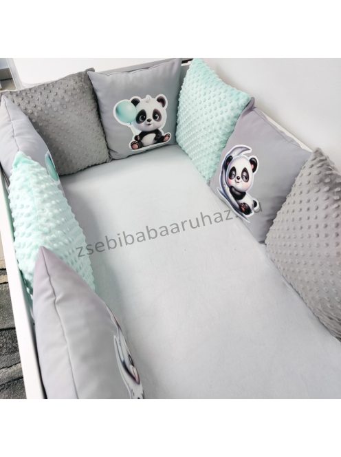 Deluxe Baby 14 részes babaágynemű garnitúra AJÁNDÉK 3 db faliképpel - grafitszürke - panda és koala menta lufikkal