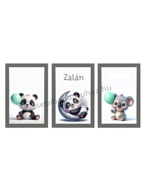 Deluxe Baby 14 részes babaágynemű garnitúra AJÁNDÉK 3 db faliképpel - grafitszürke - panda és koala menta lufikkal