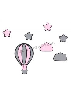   Habszivacs falidekoráció - Csillagok hőlégballonnal szett 7 db-os - fekete-szürke-rózsaszín