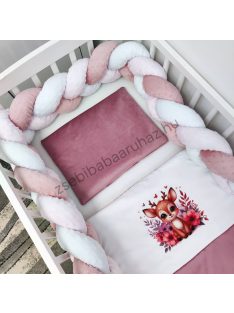   Deluxe Baby 3 részes babaágynemű garnitúra - takaró + párna + fonott rácsvédő - mályva - őzike virágok között
