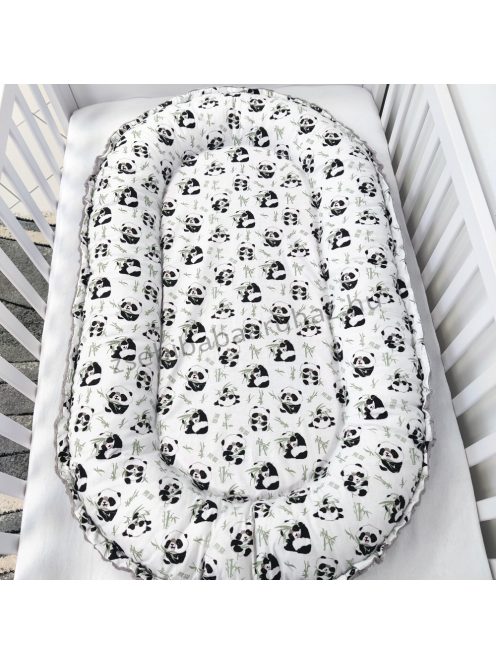 Deluxe Baby babaágynemű garnitúra babafészekkel - 5 részes - Grafitszürke - pandák II.