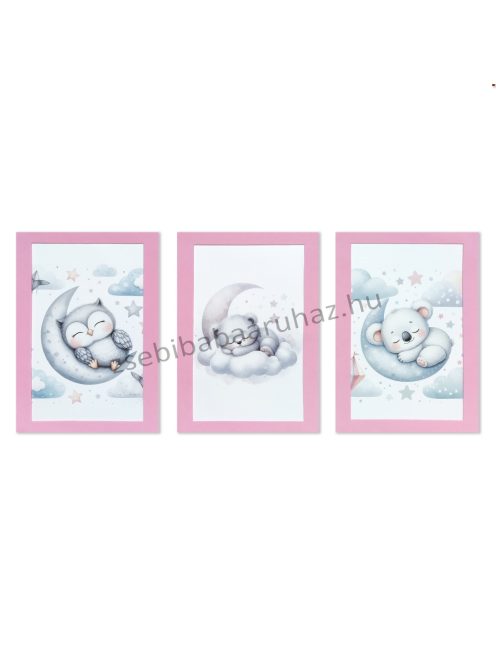3 db-os babaszoba falikép dekoráció - holdon alvó bagoly-maci-koala, rózsaszín