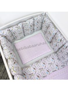   Deluxe Baby 3 részes babaágynemű garnitúra - takaró + párna + Softy rácsvédő - Minky világos rózsaszín - unikornis szivárványon 