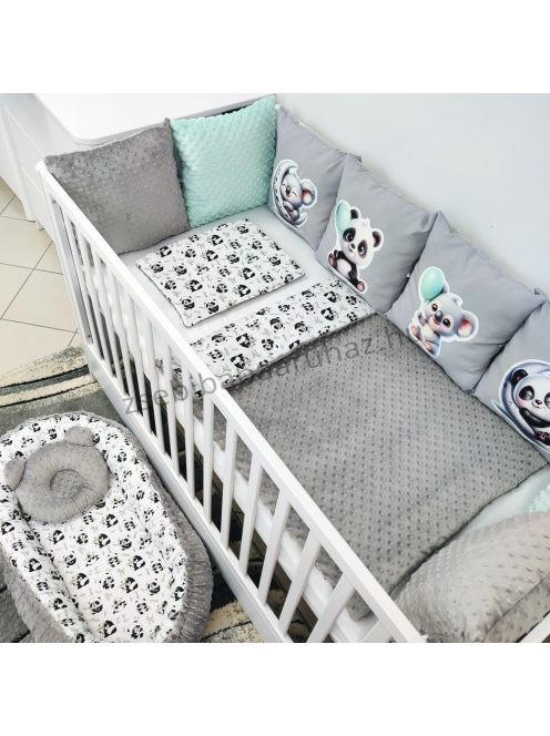 Deluxe Baby 12 részes babaágynemű garnitúra - grafitszürke - panda és koala menta lufikkal