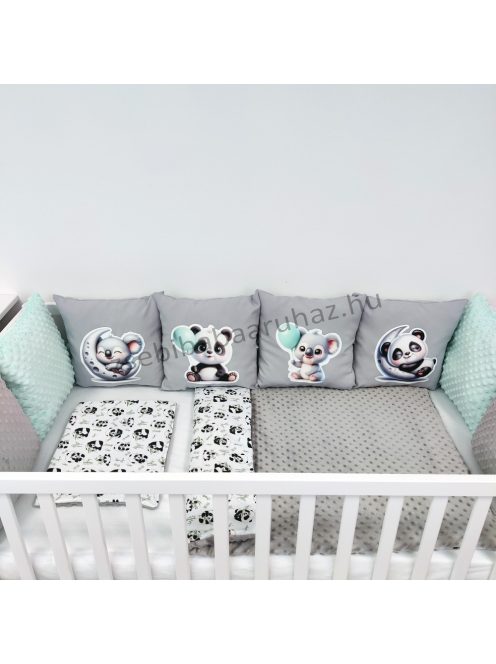 Deluxe Baby 12 részes babaágynemű garnitúra - grafitszürke - panda és koala menta lufikkal