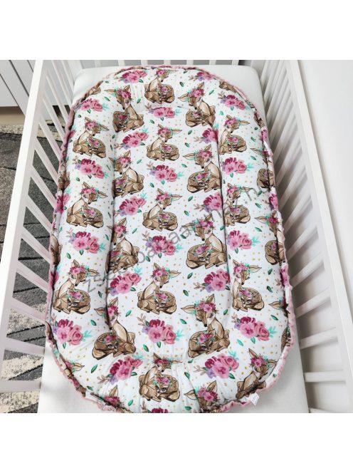 Deluxe Baby babaágynemű garnitúra babafészekkel - 5 részes - Mályvarózsa - őzikék virágokkal