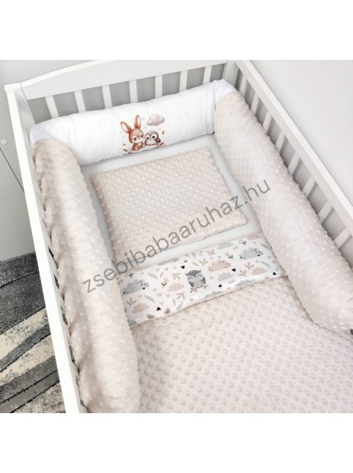 Deluxe Baby babaágynemű garnitúra hengerpárnás rácsvédővel - mogyoró nyuszi és bagoly