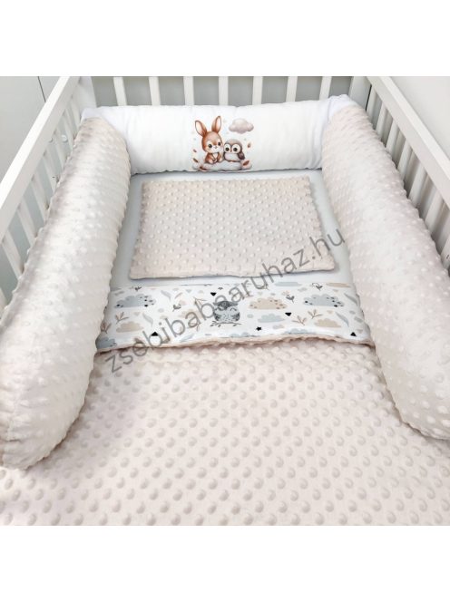 Deluxe Baby babaágynemű garnitúra hengerpárnás rácsvédővel - mogyoró nyuszi és bagoly
