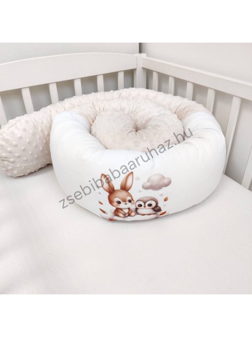 Deluxe Baby babaágynemű garnitúra hengerpárnás rácsvédővel - mogyoró nyuszi és bagoly